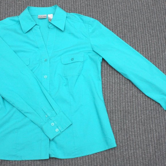 Chico's Long Sleeve Button Front Blouse sz 1 Teal - Picture 3 of 5